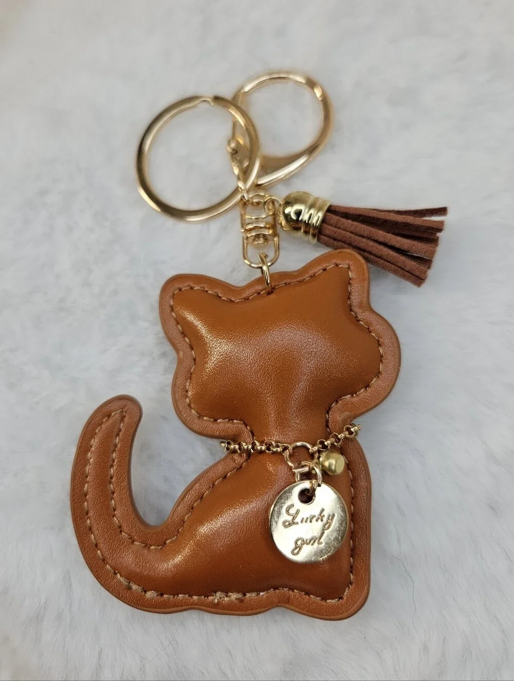 Lucky Girl Brown Cat Keychain Purse Charm